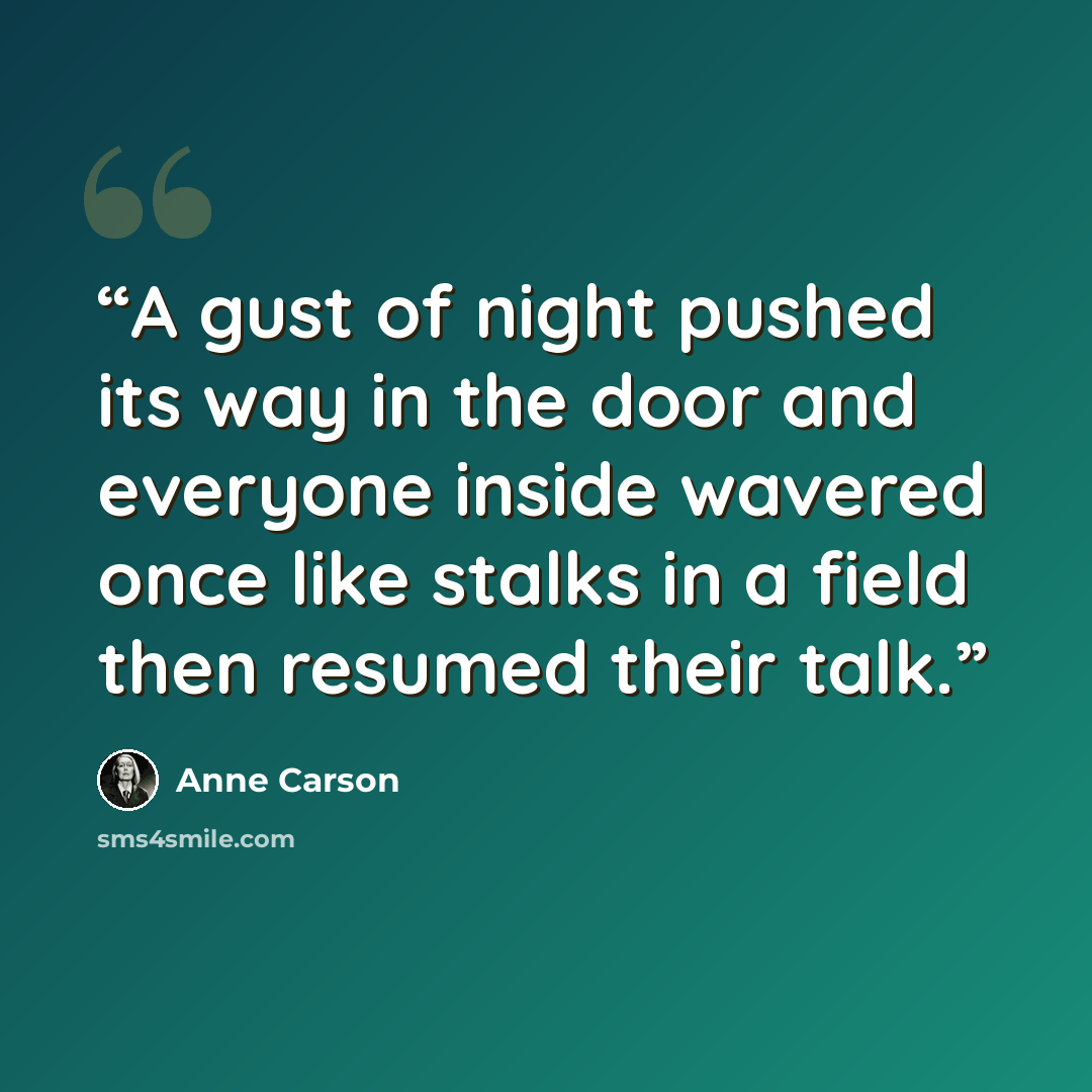 “A gust of night pushed its way in the door and everyone inside wavered once like stalks in a field then resumed their talk.” quote by Anne Carson