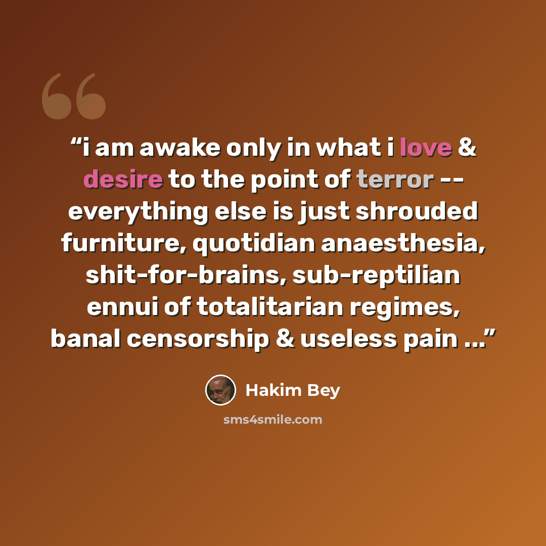 “i am awake only in what i love & desire to the point of terror -- everything else is just shrouded furniture, quotidian anaesthesia, shit-for-brains, sub-reptilian ennui of totalitarian regimes, banal censorship & useless pain ...” quote by hakim bey