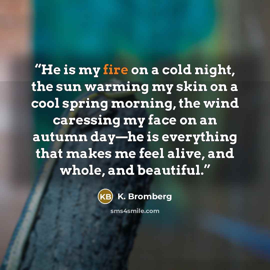 “He is my fire on a cold night, the sun warming my skin on a cool spring morning, the wind caressing my face on an autumn day—he is everything that makes me feel alive, and whole, and beautiful.” quote by K. Bromberg