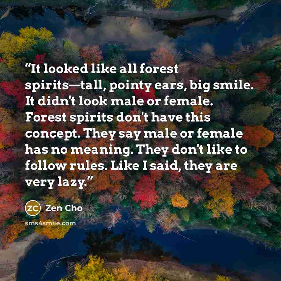 “It looked like all forest spirits—tall, pointy ears, big smile. It didn't look male or female. Forest spirits don't have this concept. They say male or female has no meaning. They don't like to follow rules. Like I said, they are very lazy.” quote by Zen Cho