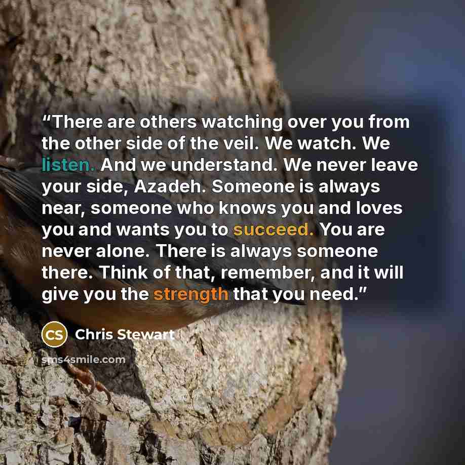 “There are others watching over you from the other side of the veil. We watch. We listen. And we understand. We never leave your side, Azadeh. Someone is always near, someone who knows you and loves you and wants you to succeed. You are never alone. There is always someone there. Think of that…” quote by Chris Stewart