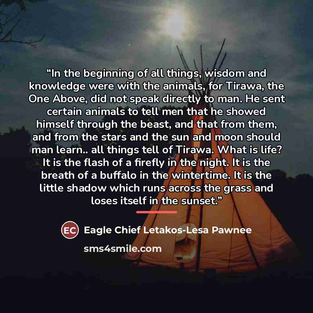 “In the beginning of all things, wisdom and knowledge were with the animals, for Tirawa, the One Above, did not speak directly to man. He sent certain animals to tell men that he showed himself through the beast, and that from them, and from the stars and the sun and moon should man learn.. all…” quote by Eagle Chief Letakos-Lesa Pawnee