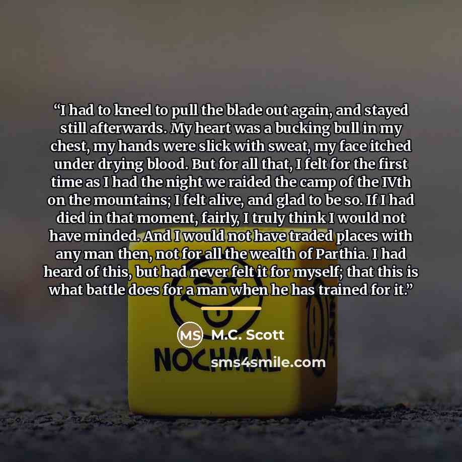 “I had to kneel to pull the blade out again, and stayed still afterwards. My heart was a bucking bull in my chest, my hands were slick with sweat, my face itched under drying blood. But for all that, I felt for the first time as I had the night we raided the camp of the IVth on the mountains; I…” quote by M.C. Scott