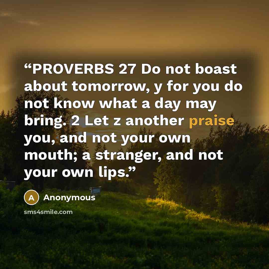 “PROVERBS 27 Do not boast about tomorrow, y for you do not know what a day may bring. 2 Let z another praise you, and not your own mouth; a stranger, and not your own lips.” quote by Anonymous