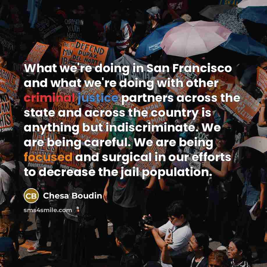 “What we're doing in San Francisco and what we're doing with other criminal justice partners across the state and across the country is anything but indiscriminate. We are being careful. We are being focused and surgical in our efforts to decrease the jail population.” quote by Chesa Boudin