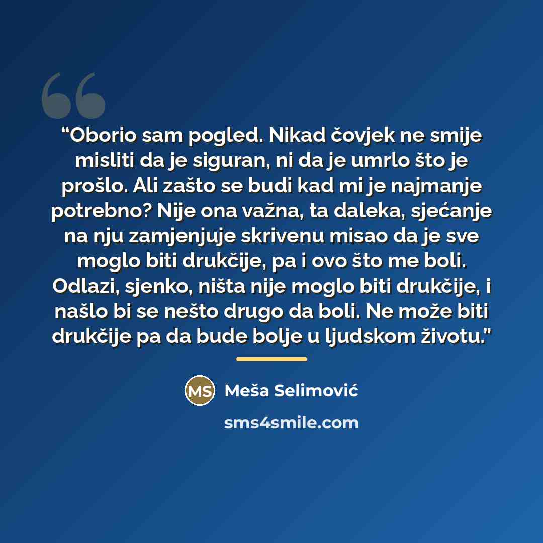 “Oborio sam pogled. Nikad čovjek ne smije misliti da je siguran, ni da je umrlo što je prošlo. Ali zašto se budi kad mi je najmanje potrebno? Nije ona važna, ta daleka, sjećanje na nju zamjenjuje skrivenu misao da je sve moglo biti drukčije, pa i ovo što me boli. Odlazi, sjenko, ništa nije moglo…” quote by Meša Selimović