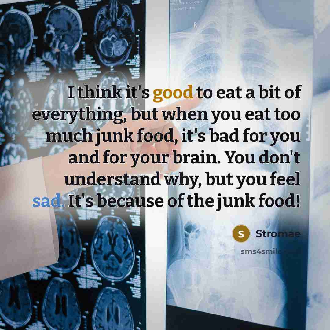 “I think it's good to eat a bit of everything, but when you eat too much junk food, it's bad for you and for your brain. You don't understand why, but you feel sad. It's because of the junk food!” quote by Stromae