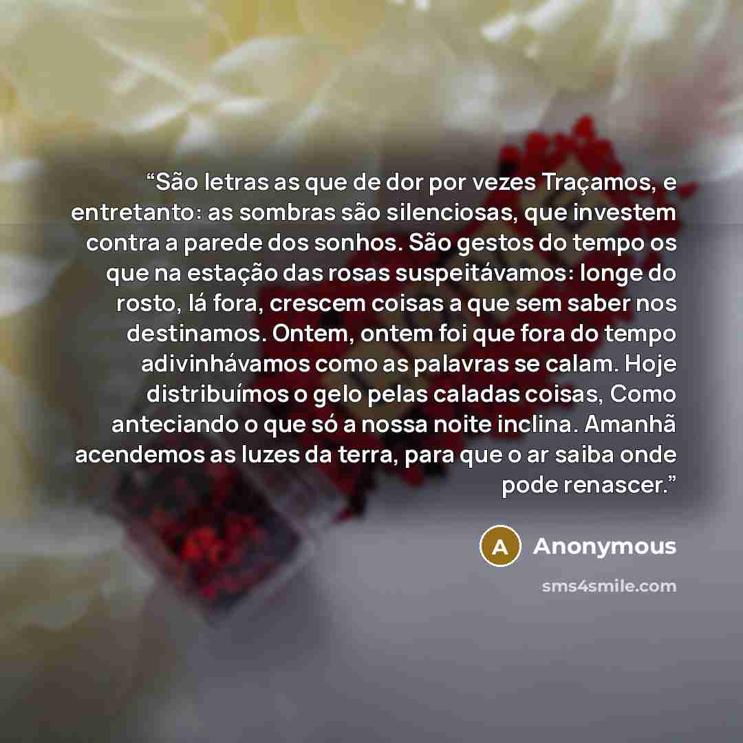 “São letras as que de dor por vezes Traçamos, e entretanto: as sombras são silenciosas, que investem contra a parede dos sonhos. São gestos do tempo os que na estação das rosas suspeitávamos: longe do rosto, lá fora, crescem coisas a que sem saber nos destinamos. Ontem, ontem foi que fora do tempo…” quote by Anonymous