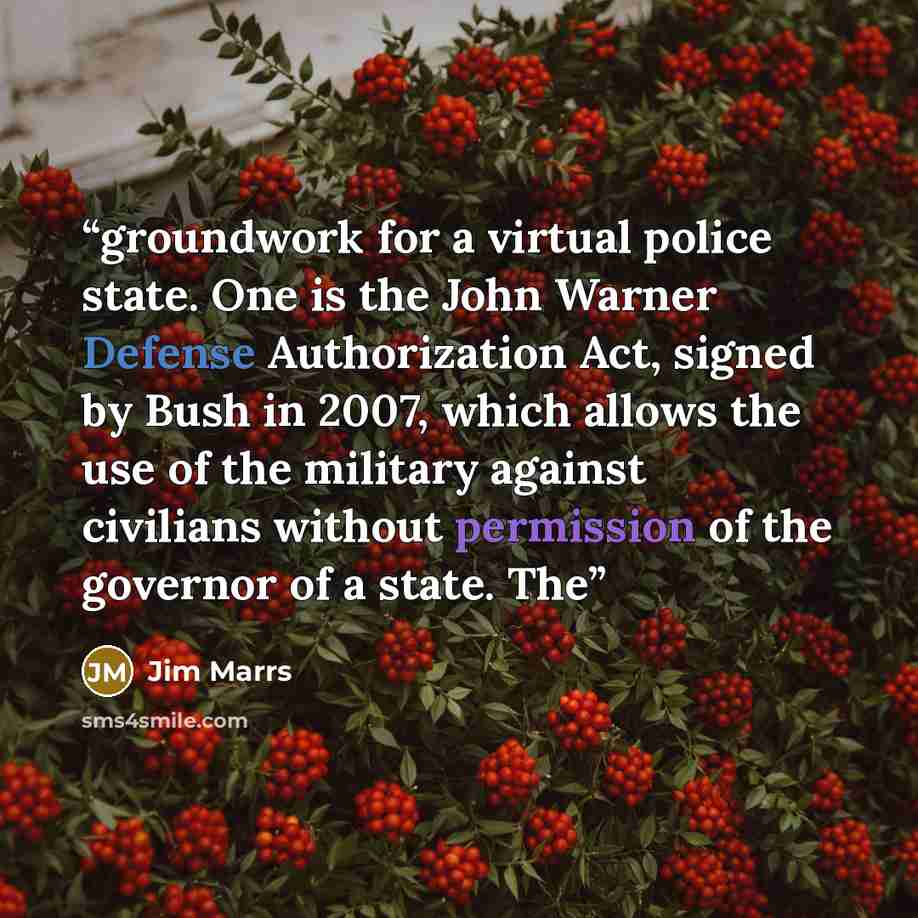 “groundwork for a virtual police state. One is the John Warner Defense Authorization Act, signed by Bush in 2007, which allows the use of the military against civilians without permission of the governor of a state. The” quote by Jim Marrs