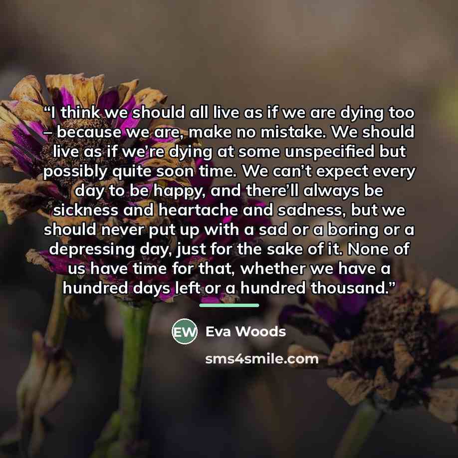 “I think we should all live as if we are dying too – because we are, make no mistake. We should live as if we’re dying at some unspecified but possibly quite soon time. We can’t expect every day to be happy, and there’ll always be sickness and heartache and sadness, but we should never put up with…” quote by Eva Woods