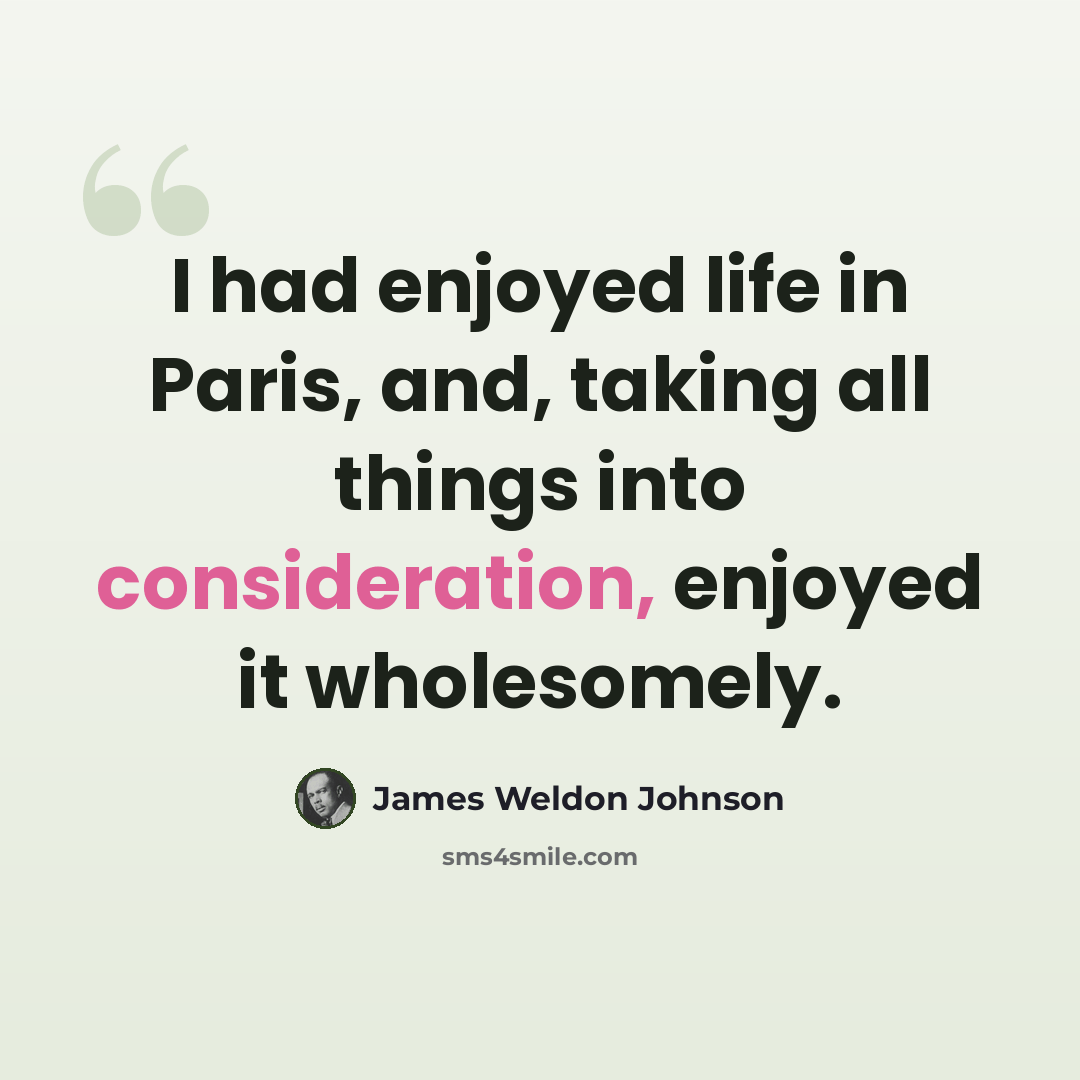 “I had enjoyed life in Paris, and, taking all things into consideration, enjoyed it wholesomely.” quote by James Weldon Johnson