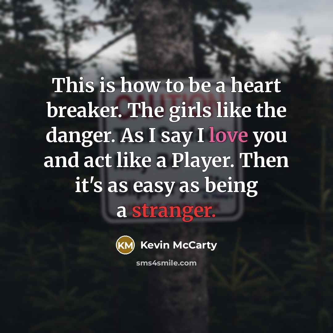 “This is how to be a heart breaker. The girls like the danger. As I say I love you and act like a Player. Then it's as easy as being a stranger.” quote by Kevin McCarty