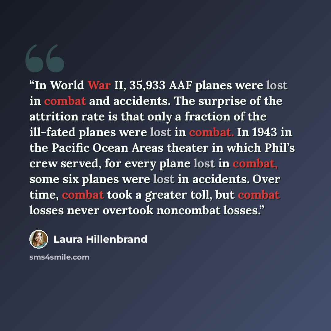 “In World War II, 35,933 AAF planes were lost in combat and accidents. The surprise of the attrition rate is that only a fraction of the ill-fated planes were lost in combat. In 1943 in the Pacific Ocean Areas theater in which Phil’s crew served, for every plane lost in combat, some six planes were…” quote by Laura Hillenbrand