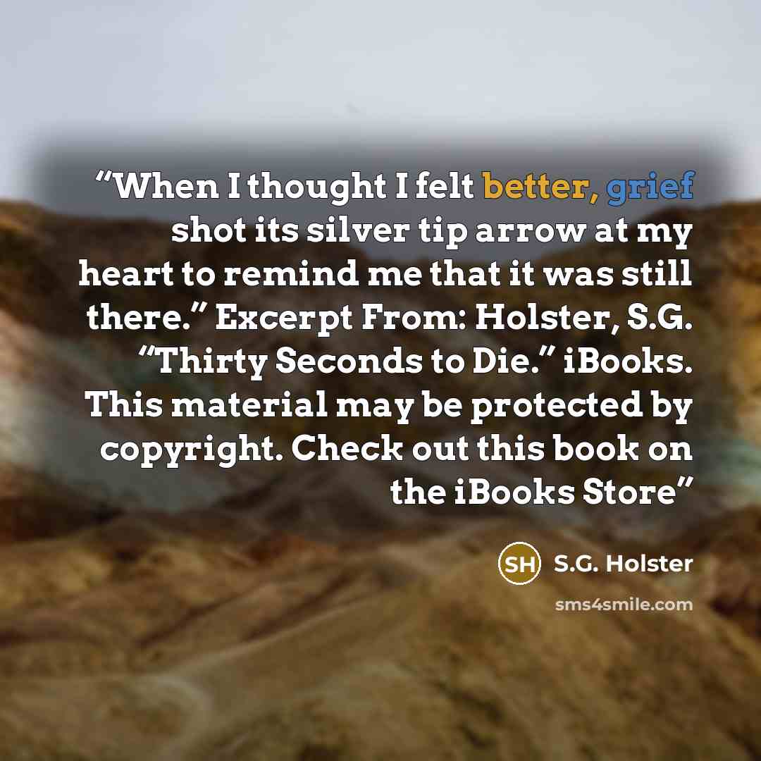 “When I thought I felt better, grief shot its silver tip arrow at my heart to remind me that it was still there.” Excerpt From: Holster, S.G. “Thirty Seconds to Die.” iBooks. This material may be protected by copyright. Check out this book on the iBooks Store” quote by S.G. Holster