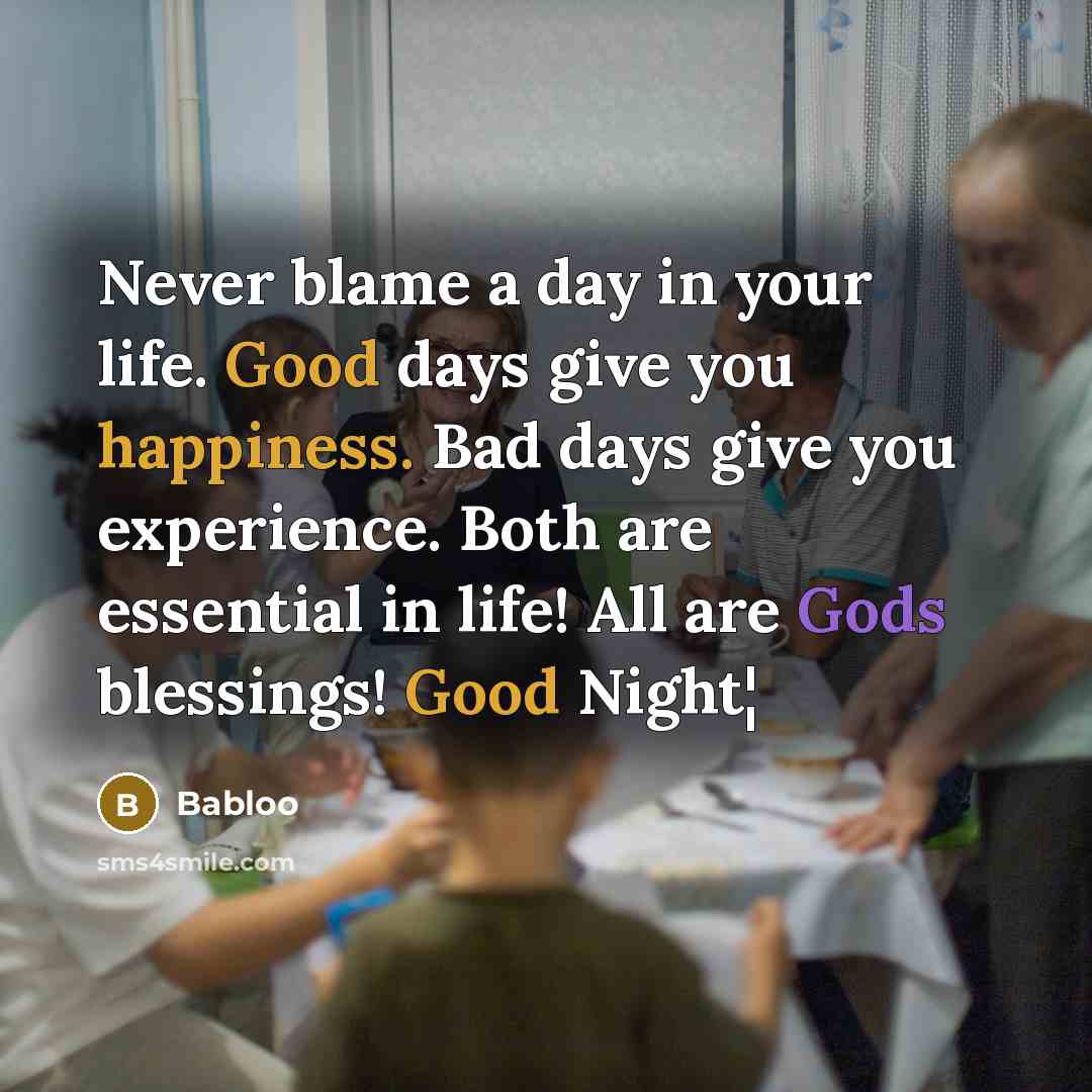 “Never blame a day in your life. Good days give you happiness. Bad days give you experience. Both are essential in life! All are Gods blessings! Good Night¦” quote by Babloo