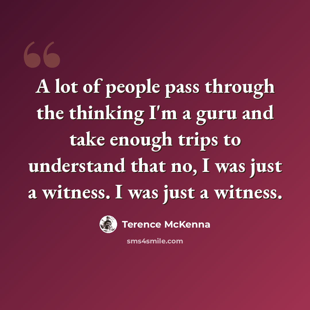 “A lot of people pass through the thinking I'm a guru and take enough trips to understand that no, I was just a witness. I was just a witness.” quote by Terence McKenna