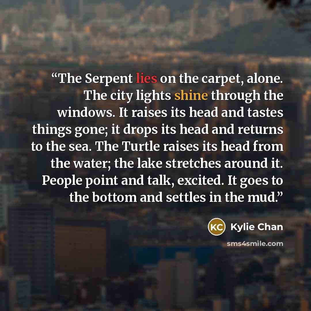 “The Serpent lies on the carpet, alone. The city lights shine through the windows. It raises its head and tastes things gone; it drops its head and returns to the sea. The Turtle raises its head from the water; the lake stretches around it. People point and talk, excited. It goes to the bottom and…” quote by Kylie Chan