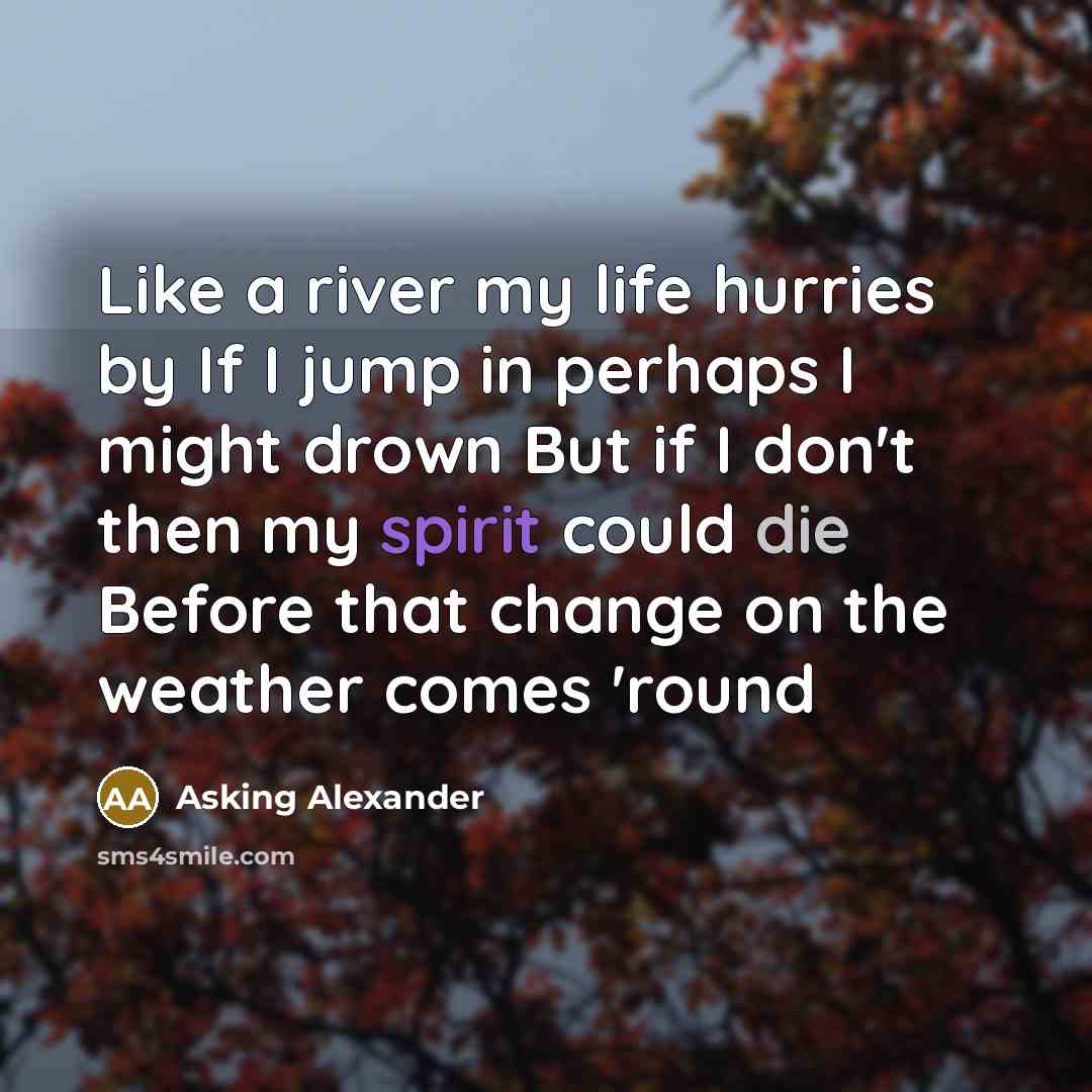 “Like a river my life hurries by If I jump in perhaps I might drown But if I don't then my spirit could die Before that change on the weather comes 'round” quote by Asking Alexander