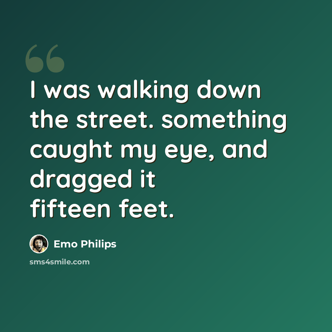 “I was walking down the street. something caught my eye, and dragged it fifteen feet.” quote by Emo Philips