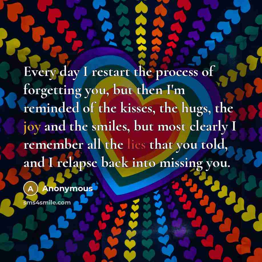 “Every day I restart the process of forgetting you, but then I'm reminded of the kisses, the hugs, the joy and the smiles, but most clearly I remember all the lies that you told, and I relapse back into missing you.” quote by Anonymous