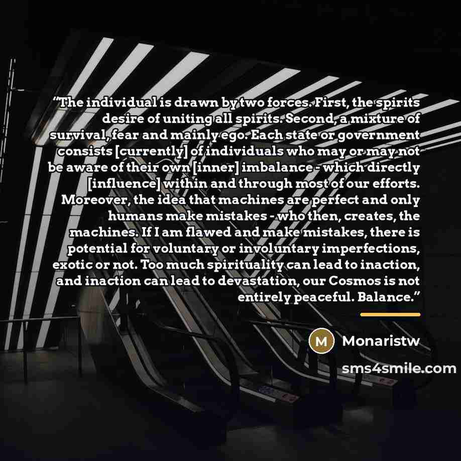 “The individual is drawn by two forces. First, the spirits desire of uniting all spirits. Second, a mixture of survival, fear and mainly ego. Each state or government consists [currently] of individuals who may or may not be aware of their own [inner] imbalance - which directly [influence] within…” quote by Monaristw