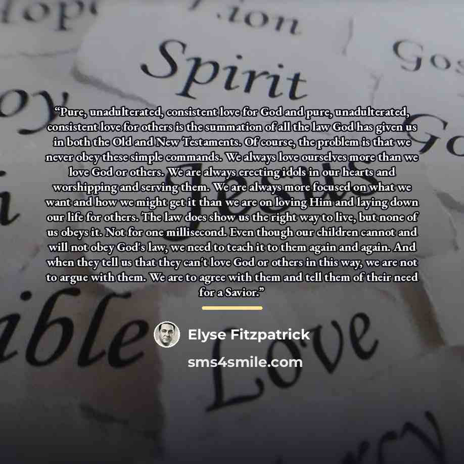 “Pure, unadulterated, consistent love for God and pure, unadulterated, consistent love for others is the summation of all the law God has given us in both the Old and New Testaments. Of course, the problem is that we never obey these simple commands. We always love ourselves more than we love God…” quote by Elyse Fitzpatrick