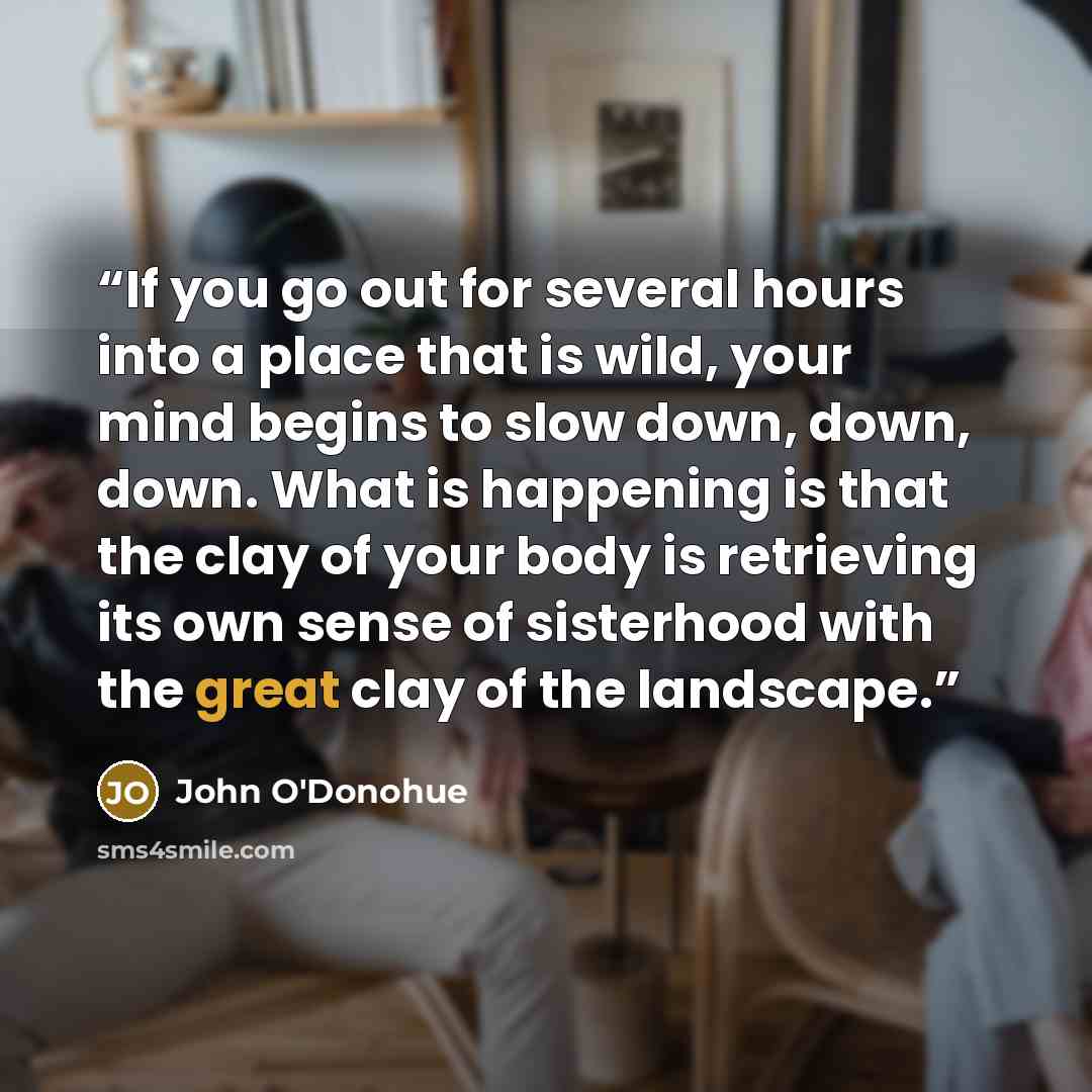 “If you go out for several hours into a place that is wild, your mind begins to slow down, down, down. What is happening is that the clay of your body is retrieving its own sense of sisterhood with the great clay of the landscape.” quote by John O'Donohue