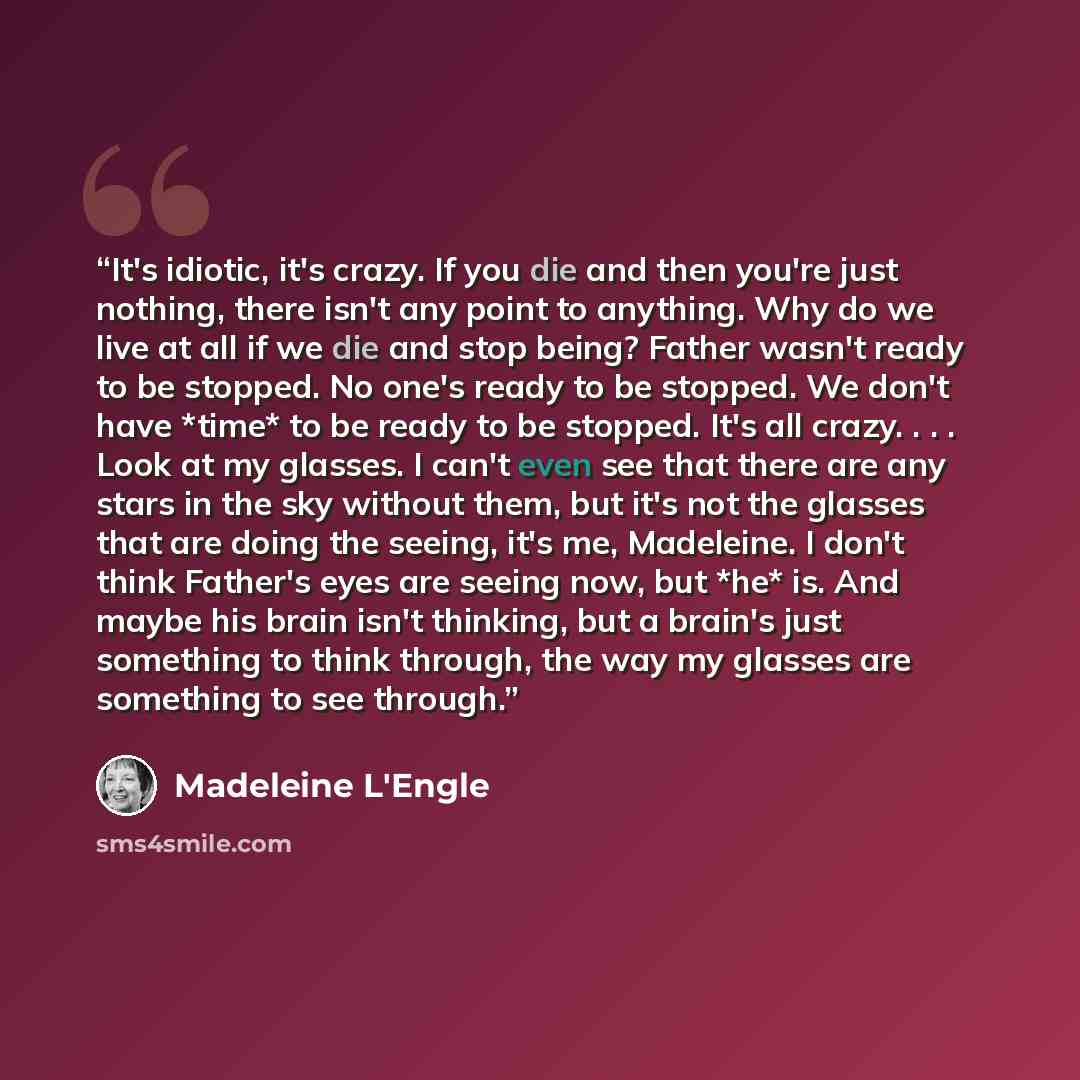 “It's idiotic, it's crazy. If you die and then you're just nothing, there isn't any point to anything. Why do we live at all if we die and stop being? Father wasn't ready to be stopped. No one's ready to be stopped. We don't have *time* to be ready to be stopped. It's all crazy. . . . Look at my…” quote by Madeleine L'Engle