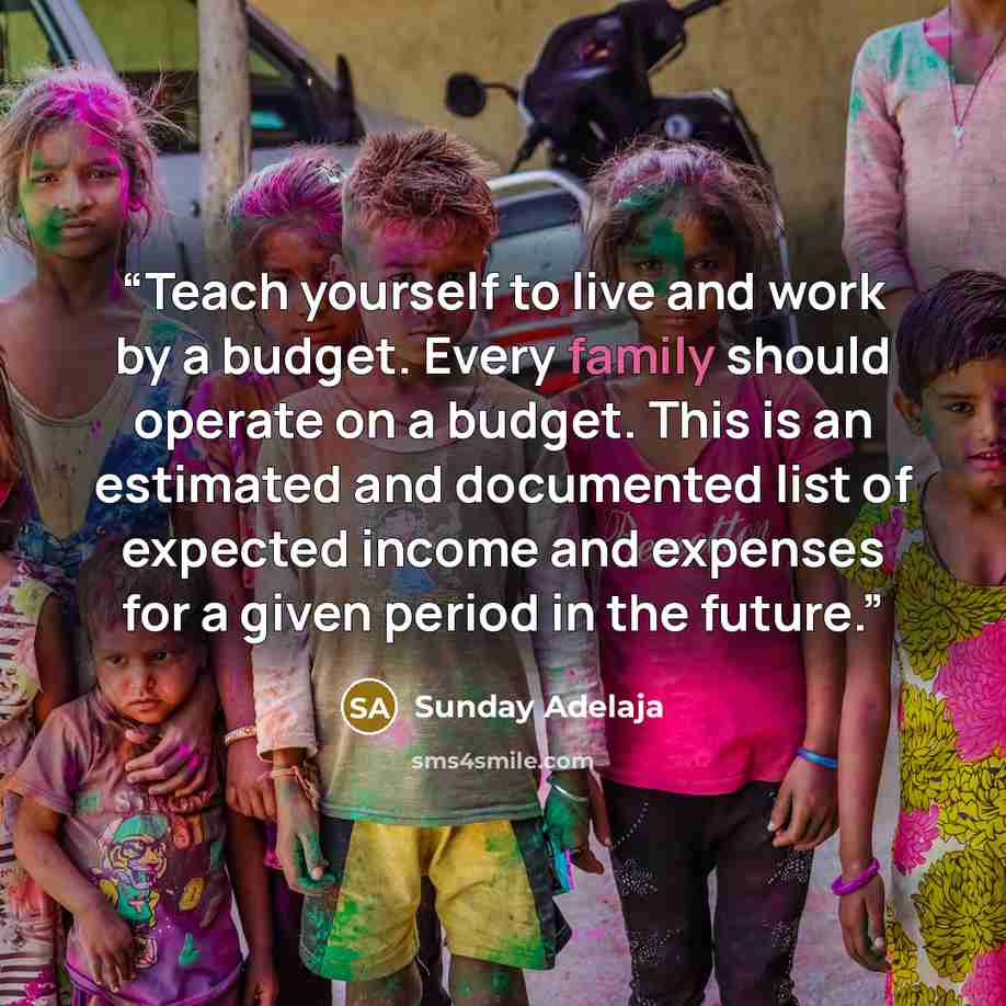 “Teach yourself to live and work by a budget. Every family should operate on a budget. This is an estimated and documented list of expected income and expenses for a given period in the future.” quote by Sunday Adelaja