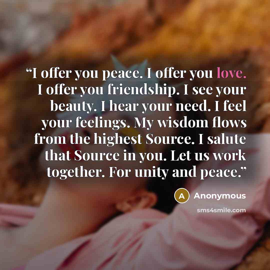 “I offer you peace. I offer you love. I offer you friendship. I see your beauty. I hear your need. I feel your feelings. My wisdom flows from the highest Source. I salute that Source in you. Let us work together. For unity and peace.” quote by Anonymous
