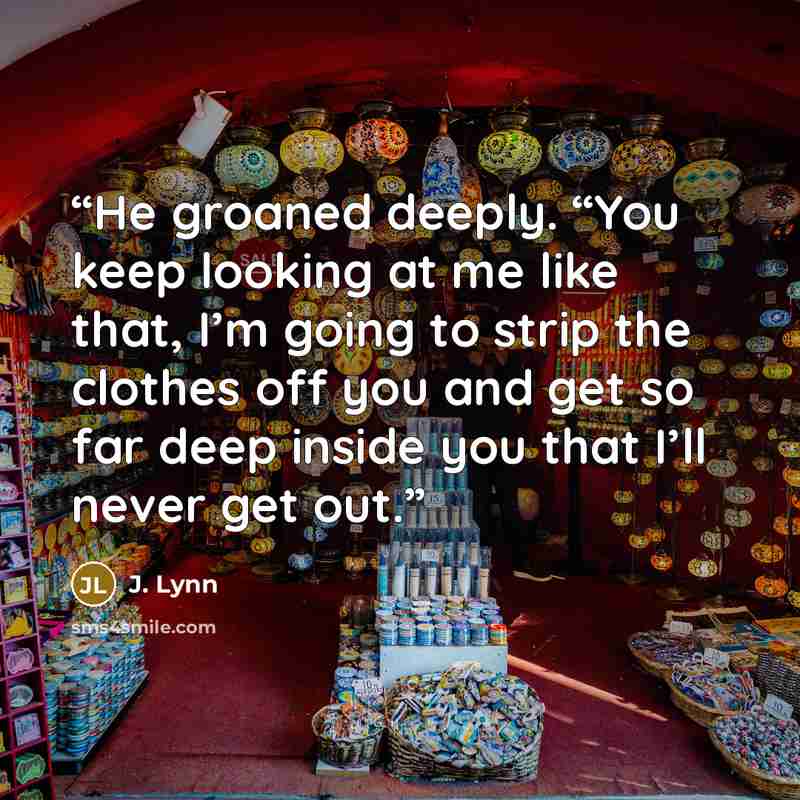 “He groaned deeply. “You keep looking at me like that, I’m going to strip the clothes off you and get so far deep inside you that I’ll never get out.” quote by J. Lynn