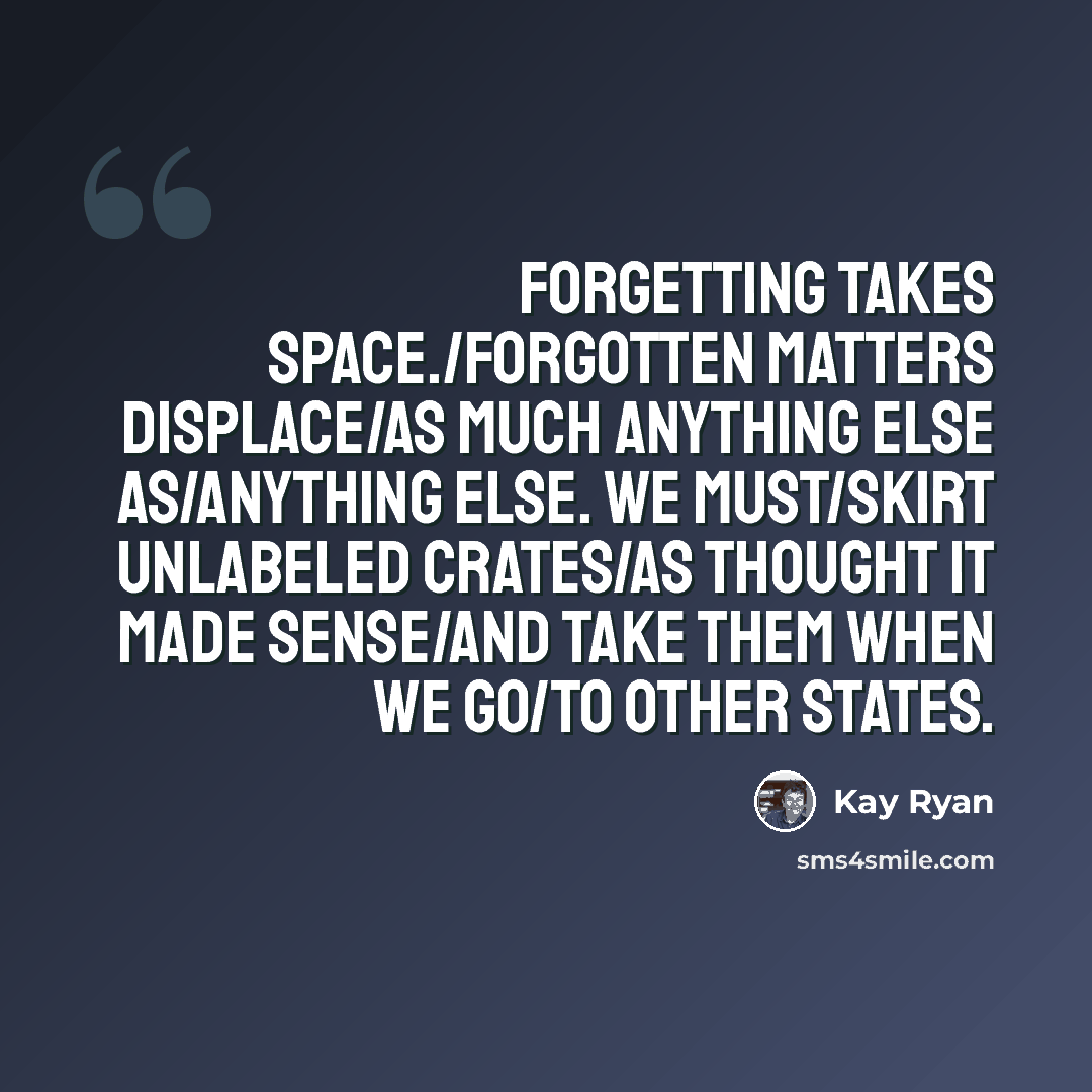 “Forgetting takes space./Forgotten matters displace/as much anything else as/anything else. We must/skirt unlabeled crates/as thought it made sense/and take them when we go/to other states.” quote by Kay Ryan
