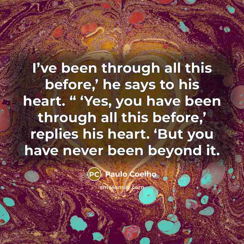 “I’ve been through all this before,’ he says to his heart. “ ‘Yes, you have been through all this before,’ replies his heart. ‘But you have never been beyond it.” quote by Paulo Coelho