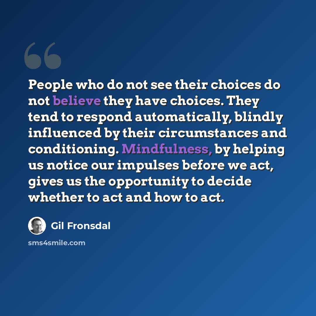 “People who do not see their choices do not believe they have choices. They tend to respond automatically, blindly influenced by their circumstances and conditioning. Mindfulness, by helping us notice our impulses before we act, gives us the opportunity to decide whether to act and how to act.” quote by Gil Fronsdal