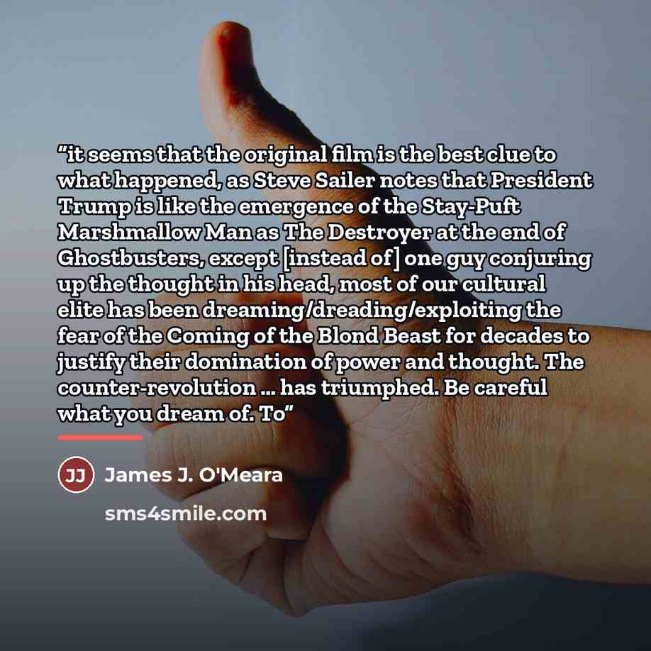 “it seems that the original film is the best clue to what happened, as Steve Sailer notes that President Trump is like the emergence of the Stay-Puft Marshmallow Man as The Destroyer at the end of Ghostbusters, except [instead of] one guy conjuring up the thought in his head, most of our cultural…” quote by James J. O'Meara