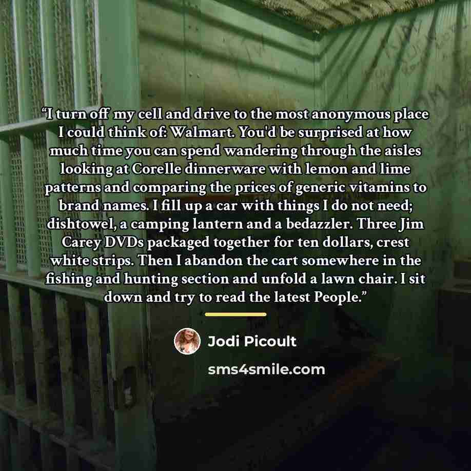 “I turn off my cell and drive to the most anonymous place I could think of: Walmart. You'd be surprised at how much time you can spend wandering through the aisles looking at Corelle dinnerware with lemon and lime patterns and comparing the prices of generic vitamins to brand names. I fill up a car…” quote by Jodi Picoult