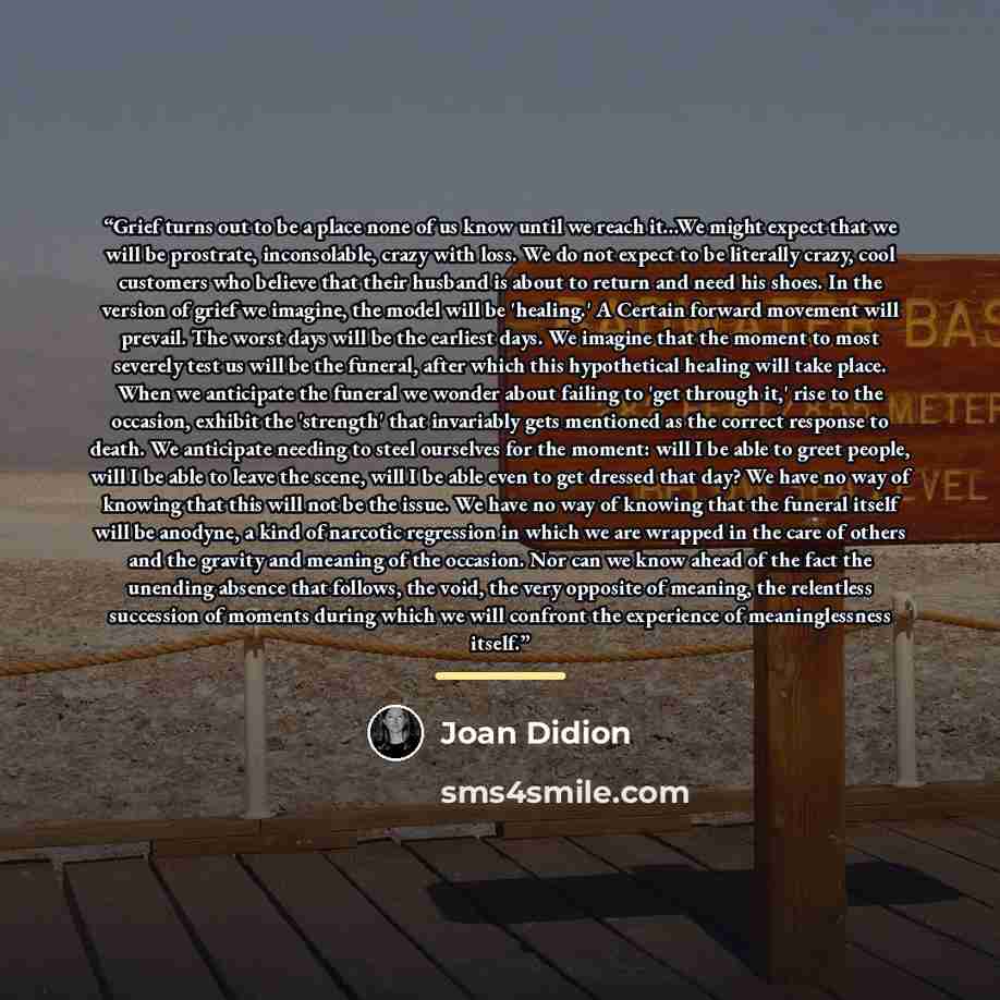 “Grief turns out to be a place none of us know until we reach it...We might expect that we will be prostrate, inconsolable, crazy with loss. We do not expect to be literally crazy, cool customers who believe that their husband is about to return and need his shoes. In the version of grief we…” quote by Joan Didion