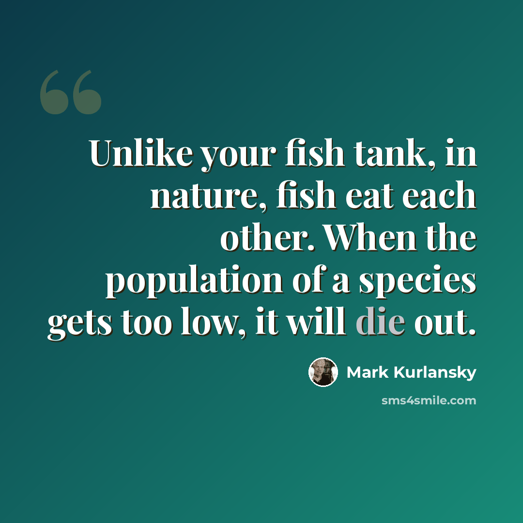 “Unlike your fish tank, in nature, fish eat each other. When the population of a species gets too low, it will die out.” quote by Mark Kurlansky