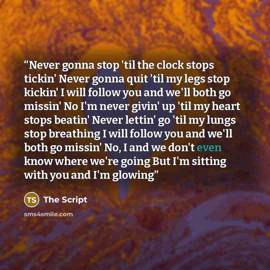 “Never gonna stop 'til the clock stops tickin' Never gonna quit 'til my legs stop kickin' I will follow you and we'll both go missin' No I'm never givin' up 'til my heart stops beatin' Never lettin' go 'til my lungs stop breathing I will follow you and we'll both go missin' No, I and we don't even…” quote by The Script