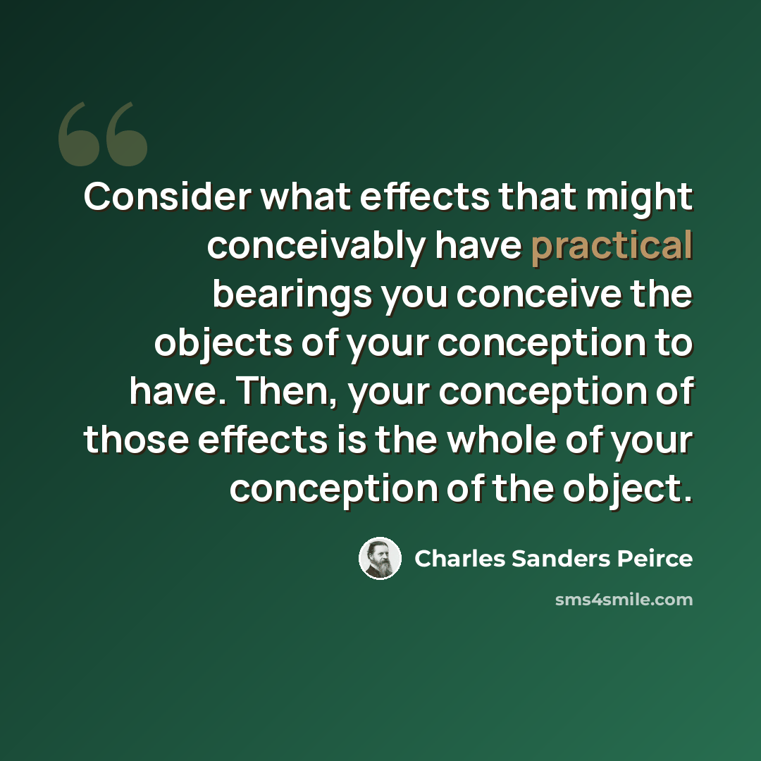 “Consider what effects that might conceivably have practical bearings you conceive the objects of your conception to have. Then, your conception of those effects is the whole of your conception of the object.” quote by Charles Sanders Peirce