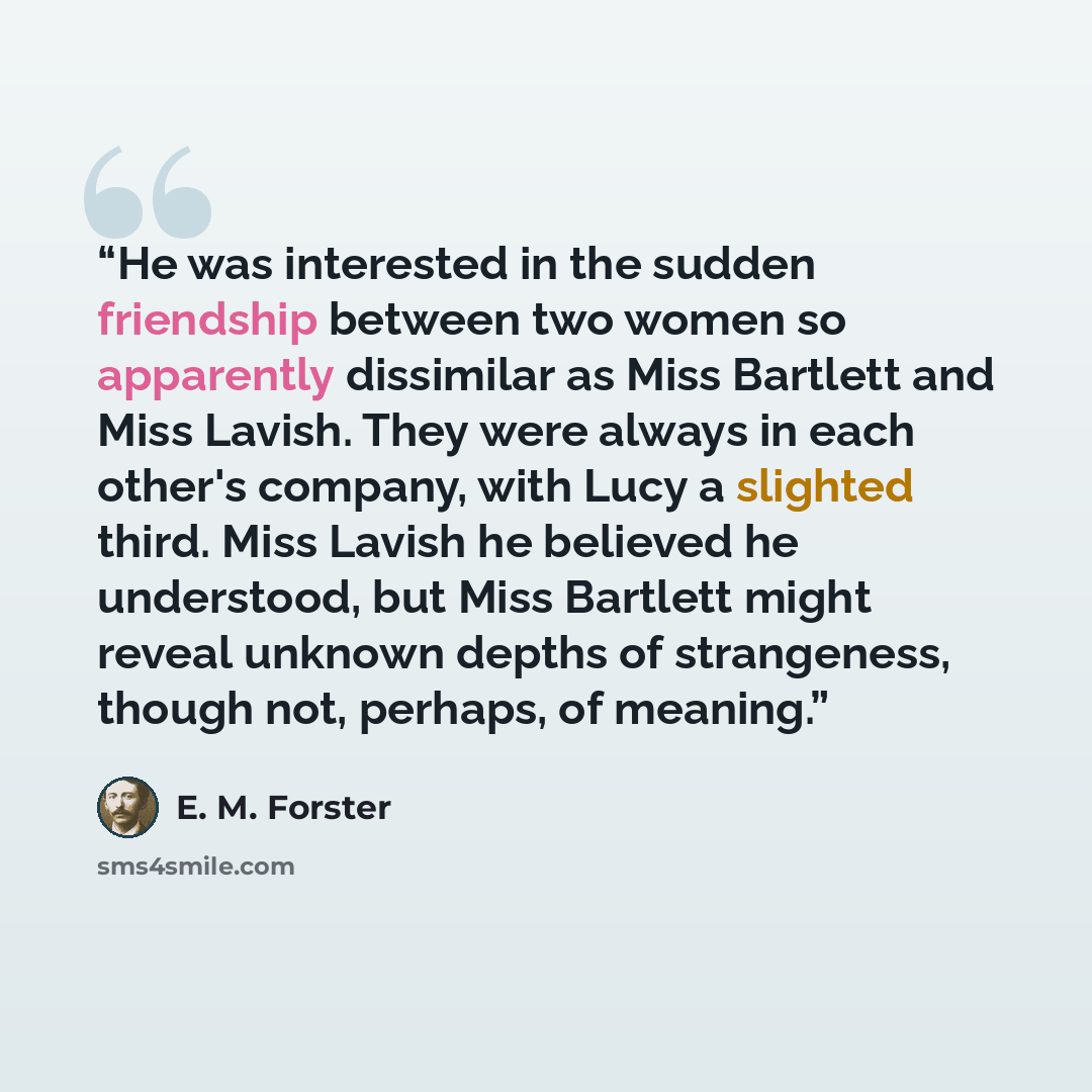 “He was interested in the sudden friendship between two women so apparently dissimilar as Miss Bartlett and Miss Lavish. They were always in each other's company, with Lucy a slighted third. Miss Lavish he believed he understood, but Miss Bartlett might reveal unknown depths of strangeness, though…” quote by E. M. Forster