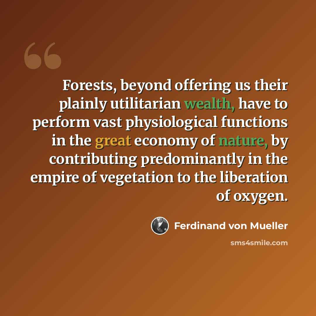 “Forests, beyond offering us their plainly utilitarian wealth, have to perform vast physiological functions in the great economy of nature, by contributing predominantly in the empire of vegetation to the liberation of oxygen.” quote by Ferdinand von Mueller