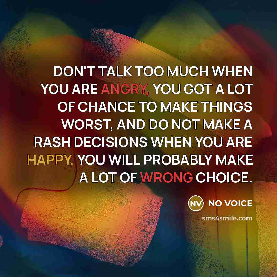 “DON'T TALK TOO MUCH WHEN YOU ARE ANGRY, YOU GOT A LOT OF CHANCE TO MAKE THINGS WORST, AND DO NOT MAKE A RASH DECISIONS WHEN YOU ARE HAPPY, YOU WILL PROBABLY MAKE A LOT OF WRONG CHOICE.” quote by NO VOICE