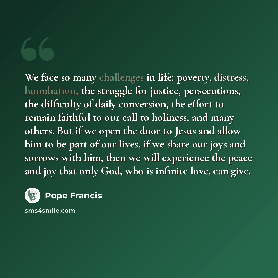 “We face so many challenges in life: poverty, distress, humiliation, the struggle for justice, persecutions, the difficulty of daily conversion, the effort to remain faithful to our call to holiness, and many others. But if we open the door to Jesus and allow him to be part of our lives, if we…” quote by Pope Francis
