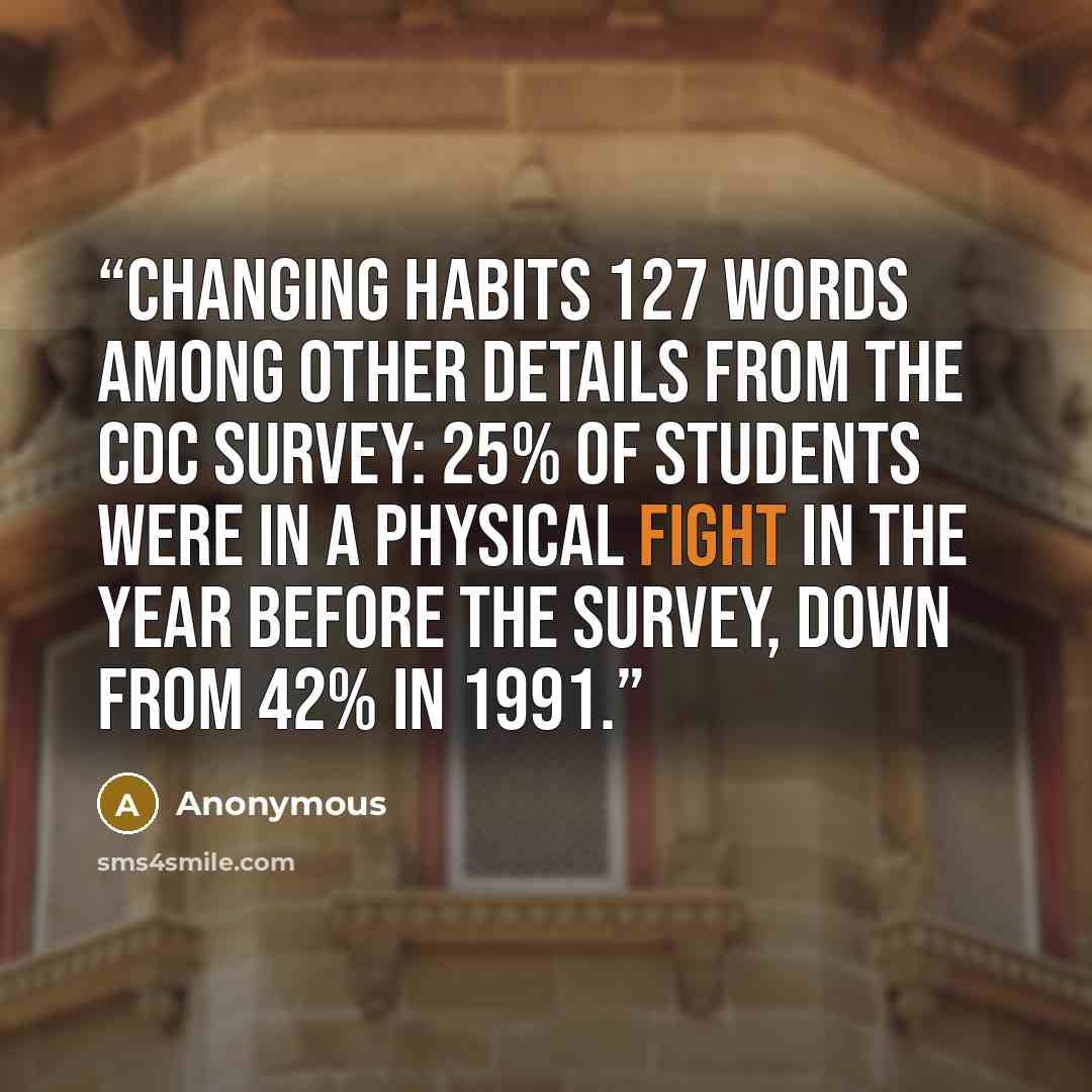 “Changing habits 127 words Among other details from the CDC survey: 25% of students were in a physical fight in the year before the survey, down from 42% in 1991.” quote by Anonymous