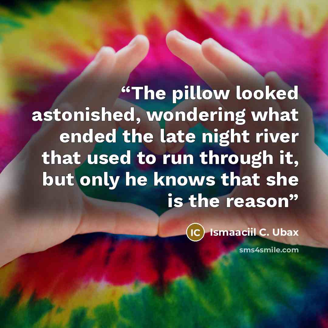 “The pillow looked astonished, wondering what ended the late night river that used to run through it, but only he knows that she is the reason” quote by Ismaaciil C. Ubax