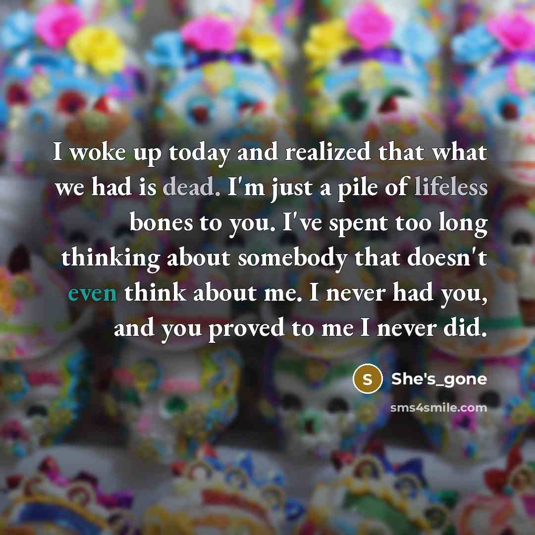 “I woke up today and realized that what we had is dead. I'm just a pile of lifeless bones to you. I've spent too long thinking about somebody that doesn't even think about me. I never had you, and you proved to me I never did.” quote by She's_gone