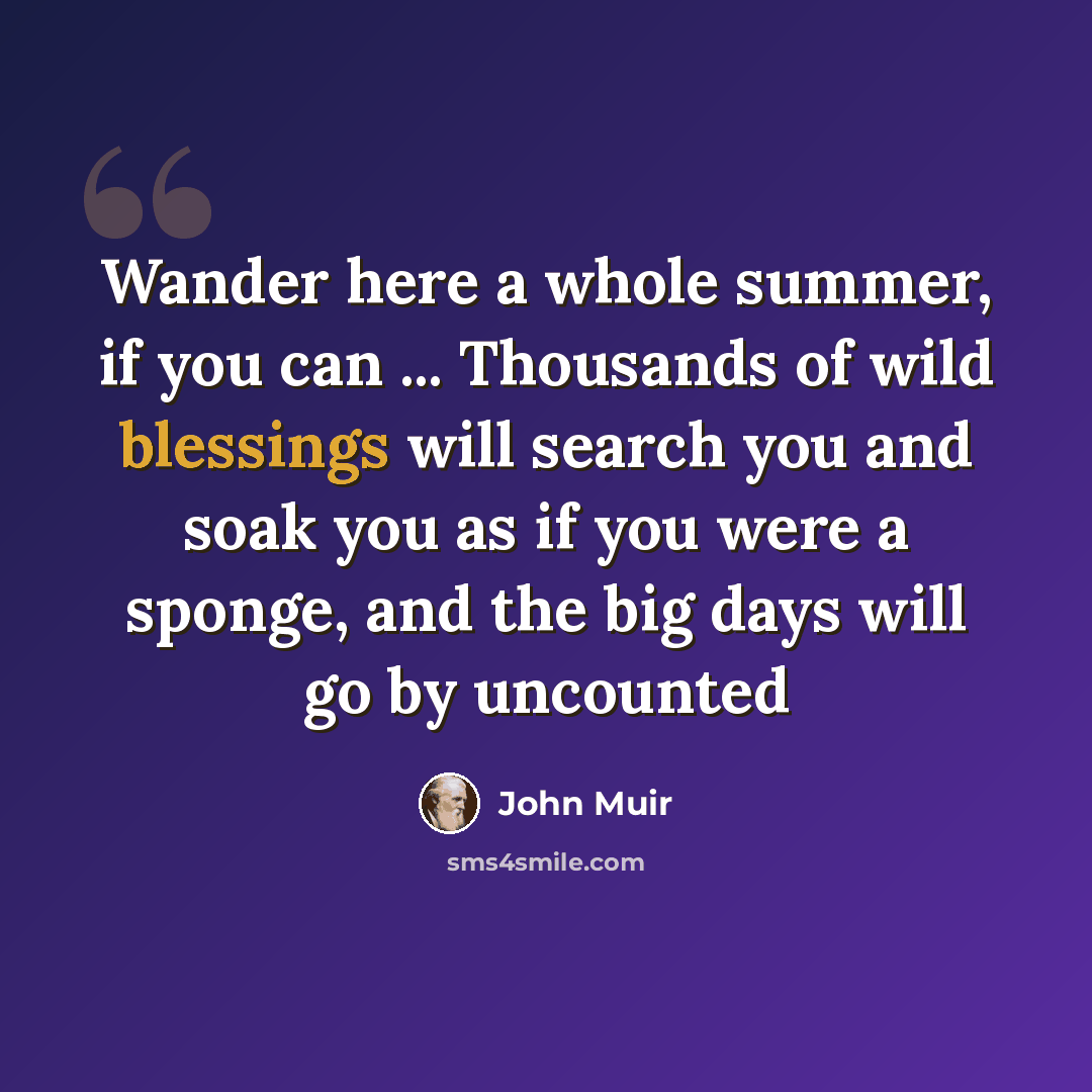 “Wander here a whole summer, if you can ... Thousands of wild blessings will search you and soak you as if you were a sponge, and the big days will go by uncounted” quote by John Muir