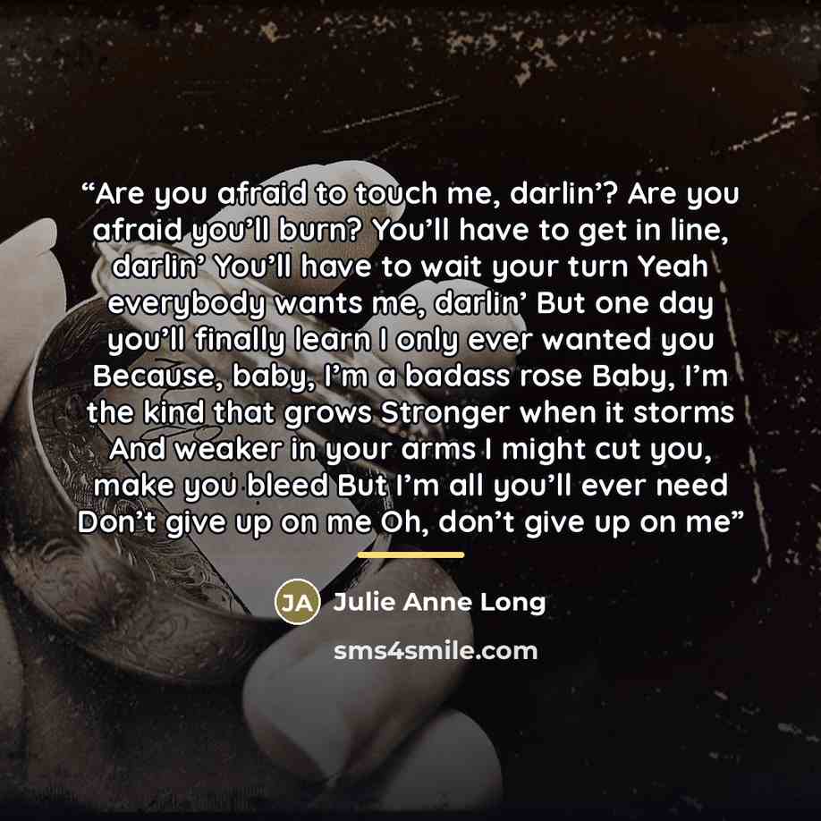 “Are you afraid to touch me, darlin’? Are you afraid you’ll burn? You’ll have to get in line, darlin’ You’ll have to wait your turn Yeah everybody wants me, darlin’ But one day you’ll finally learn I only ever wanted you Because, baby, I’m a badass rose Baby, I’m the kind that grows Stronger when…” quote by Julie Anne Long