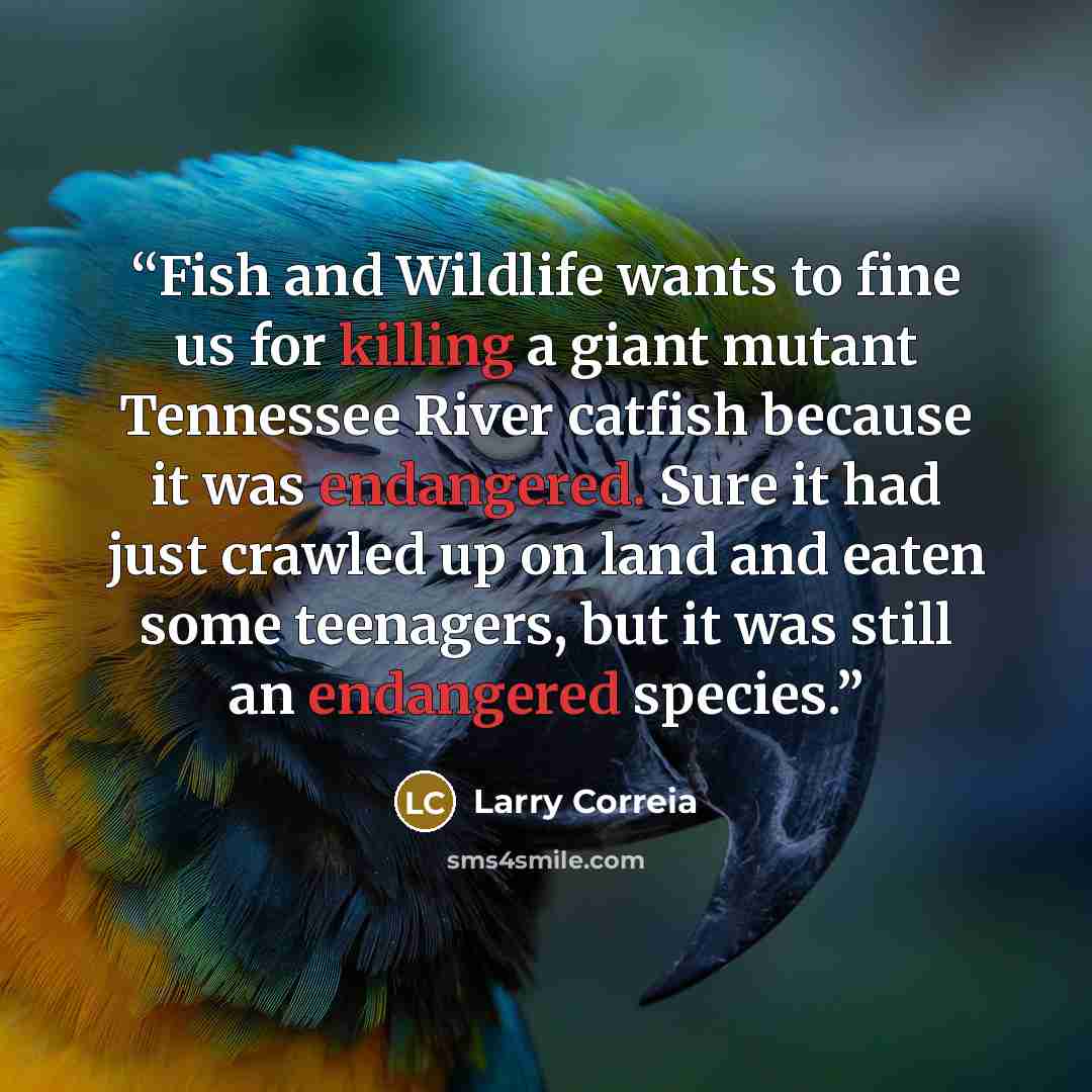 “Fish and Wildlife wants to fine us for killing a giant mutant Tennessee River catfish because it was endangered. Sure it had just crawled up on land and eaten some teenagers, but it was still an endangered species.” quote by Larry Correia